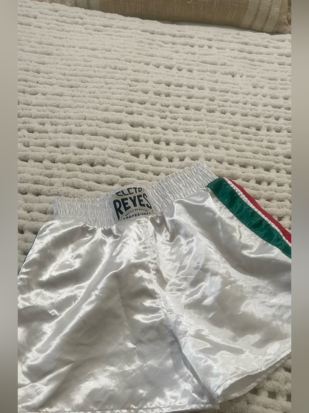 Kids White Boxing Shorts with Green and Red Trim